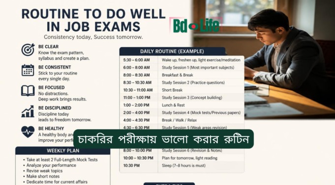 চাকরির পরীক্ষায় ভালো করার রুটিন ২০২৬-২৭ চাকরির পরীক্ষায় ভালো করার রুটিন – দৈনিক ও সাপ্তাহিক প্ল্যান